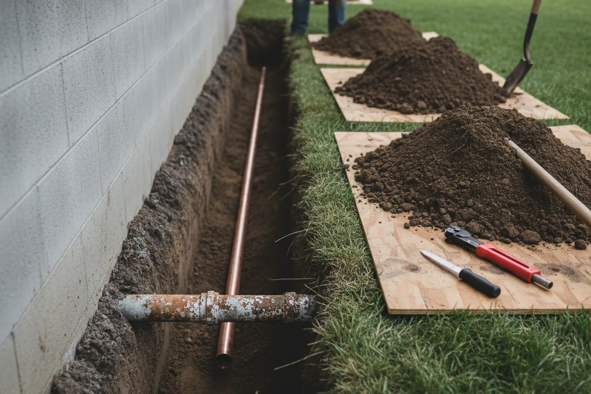Excavated water line trench during Water Softener Installation in Holton